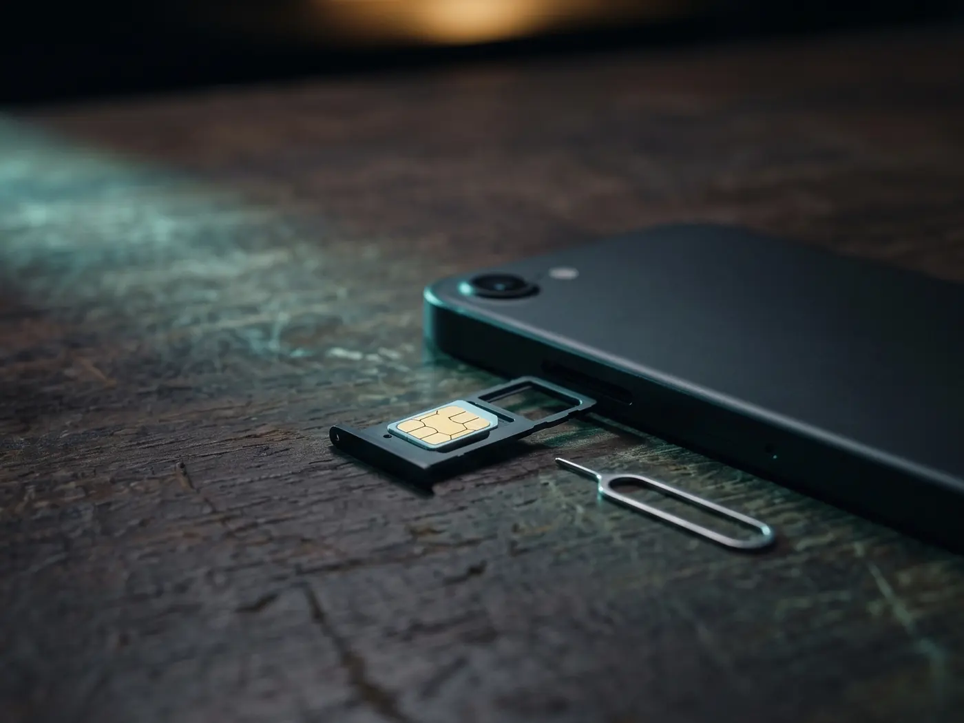 Bandeja SIM extraída de un teléfono móvil junto a la herramienta de expulsión, sobre una mesa de madera