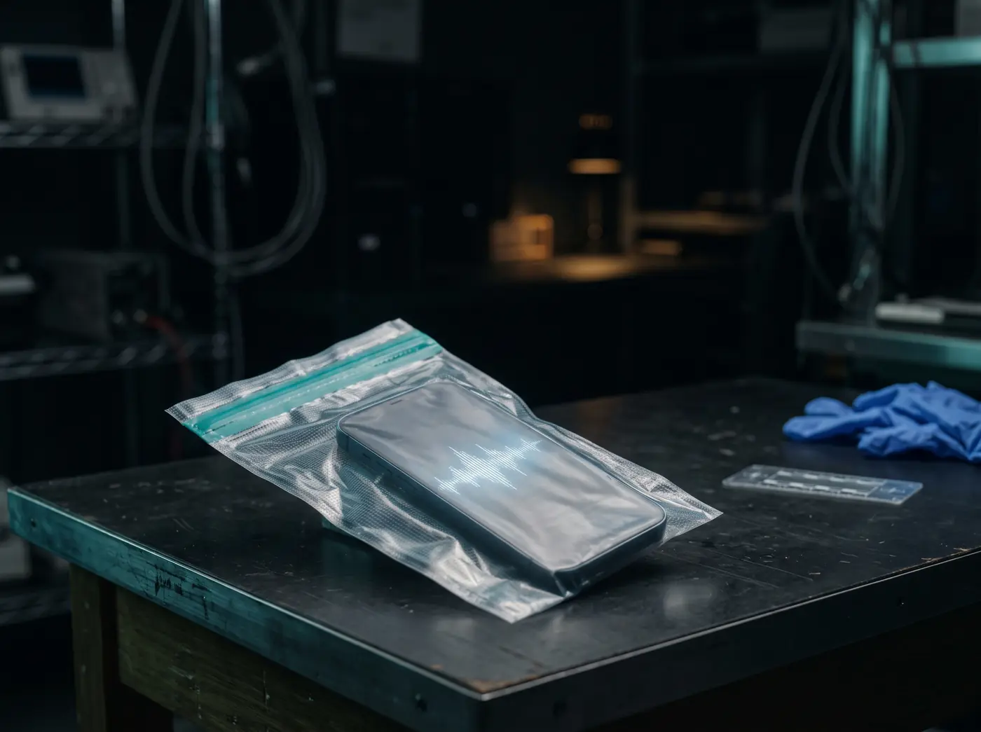 Teléfono móvil precintado en una bolsa de evidencias sobre una mesa de laboratorio forense